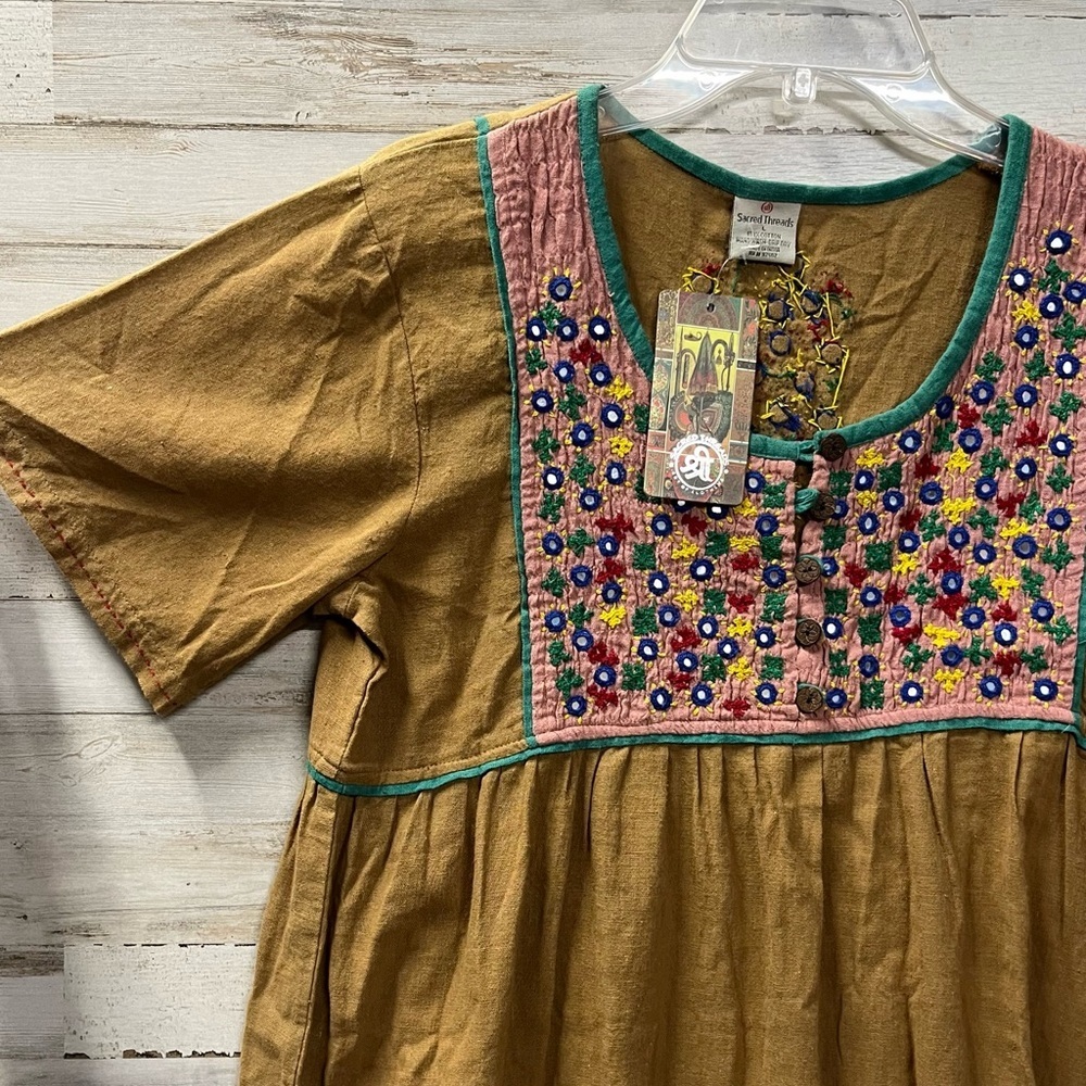Sacred Threads Tan Floral Embroidered Button Front Blouse - Picture 2 of 6